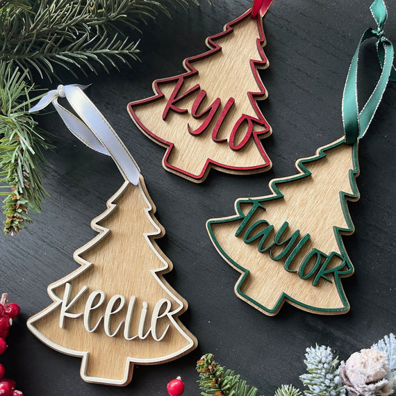 Tree Shaped Stocking Tag - Wood Lettering